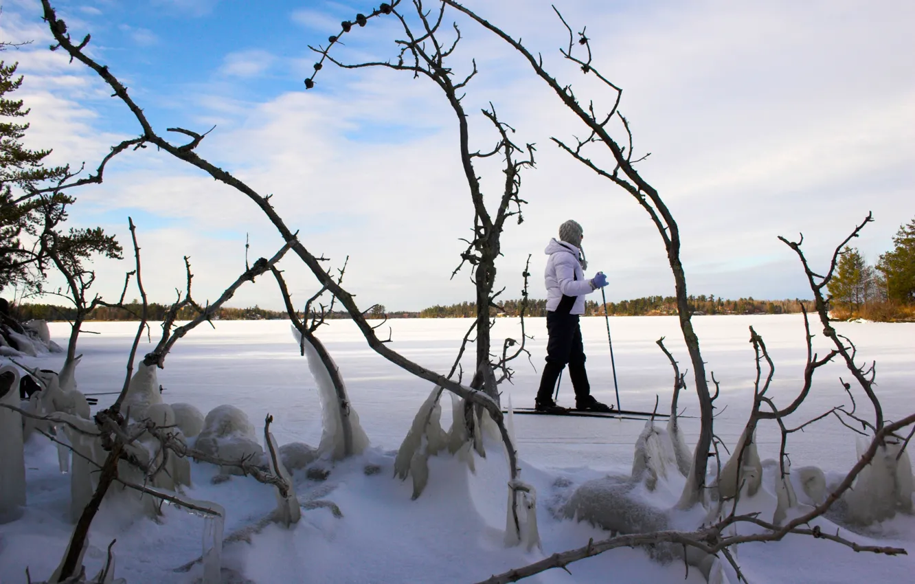 Photo wallpaper ice, winter, girl, snow, trees, branches, nature, mood
