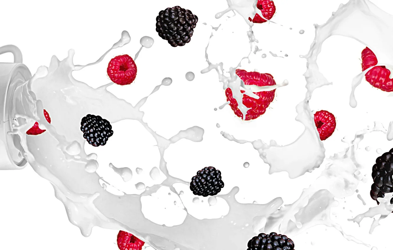 Photo wallpaper squirt, raspberry, milk, fruit, BlackBerry