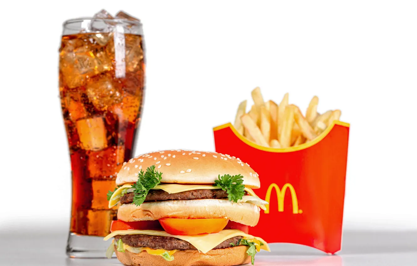 Photo wallpaper ice, glass, cheese, drink, vegetables, hamburger, Patty, Cola