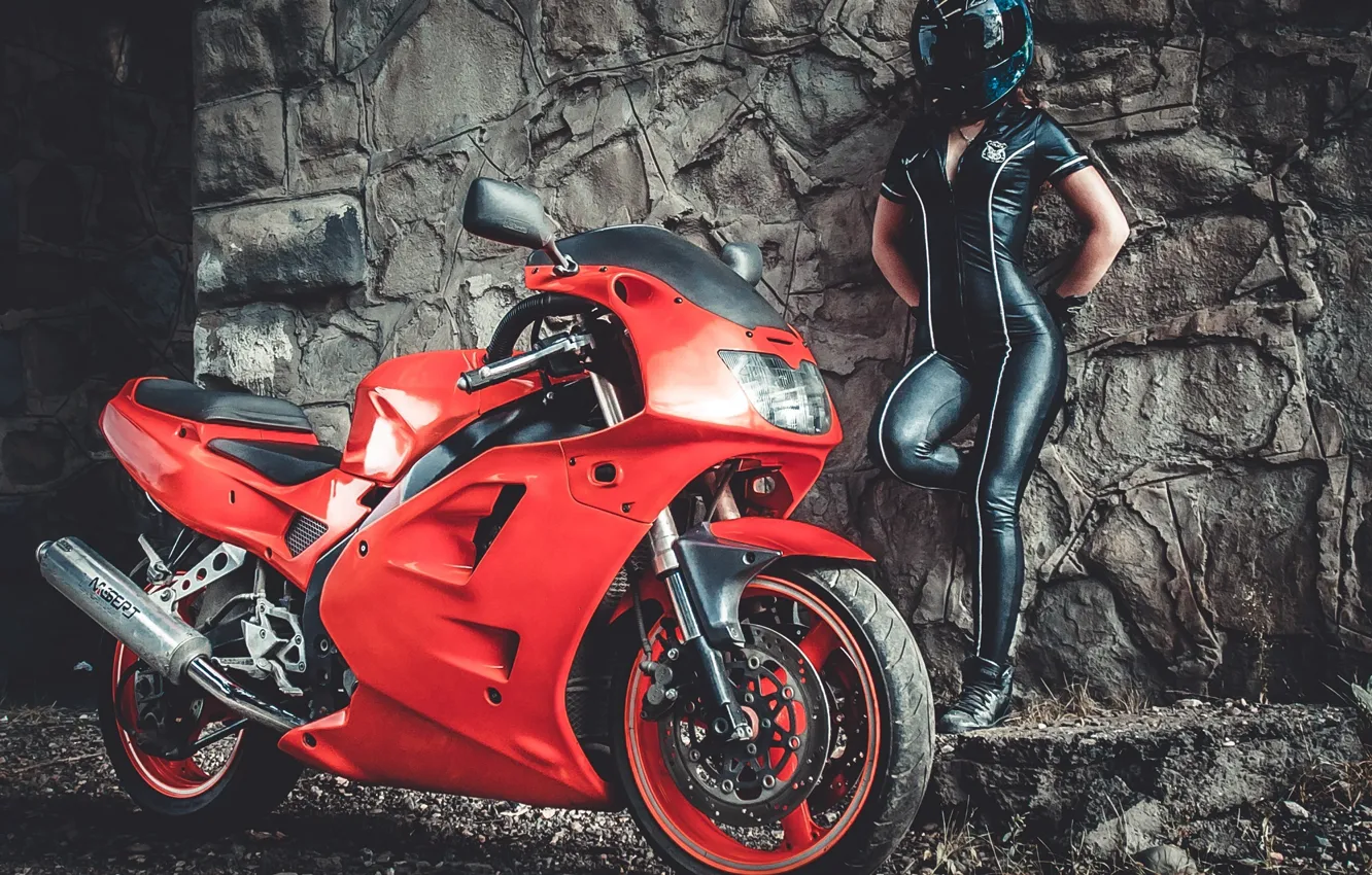 Photo wallpaper red, girl, model, hair, Wheels, Brake, Motocycle, tight clothing