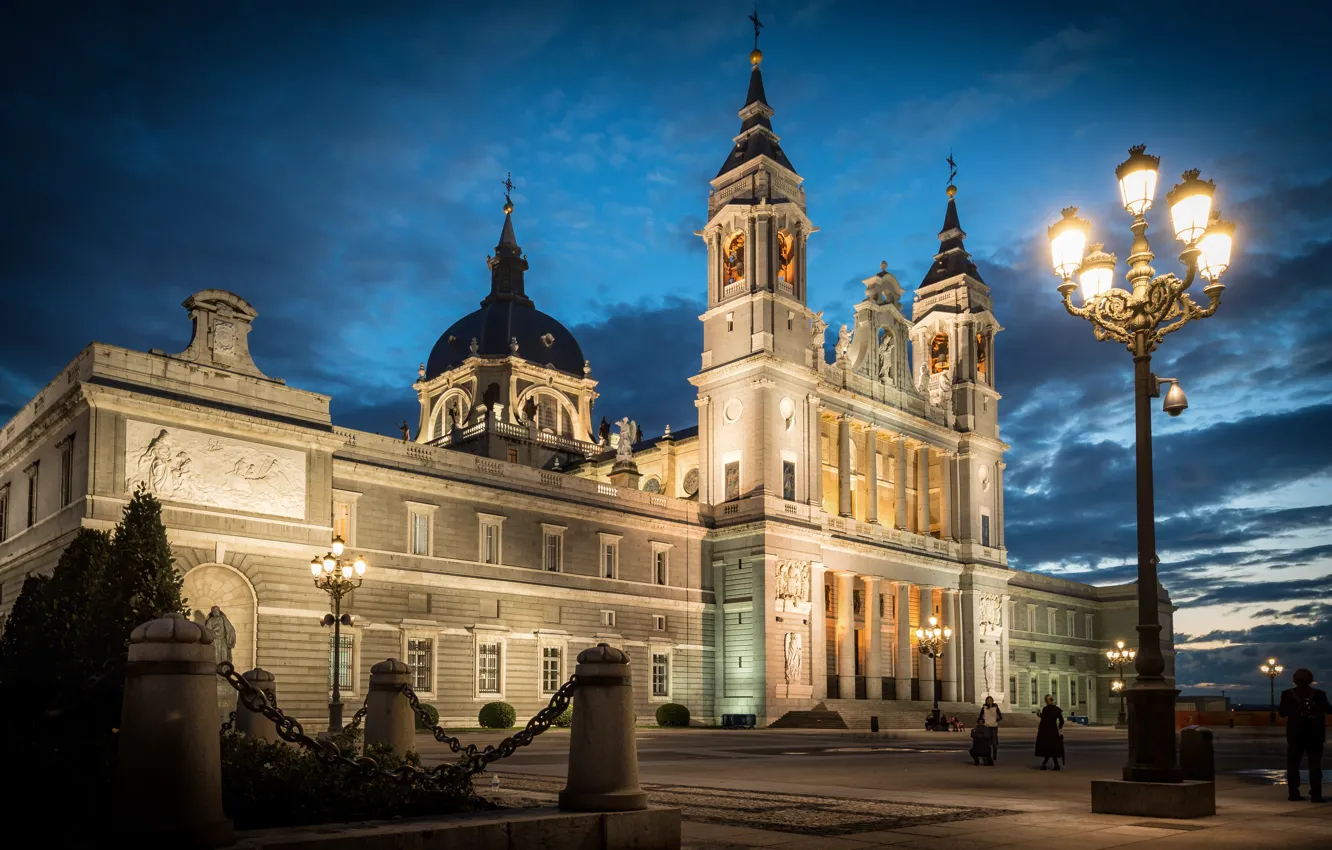 Photo wallpaper night, the city, lighting, area, lights, architecture, Spain, Madrid
