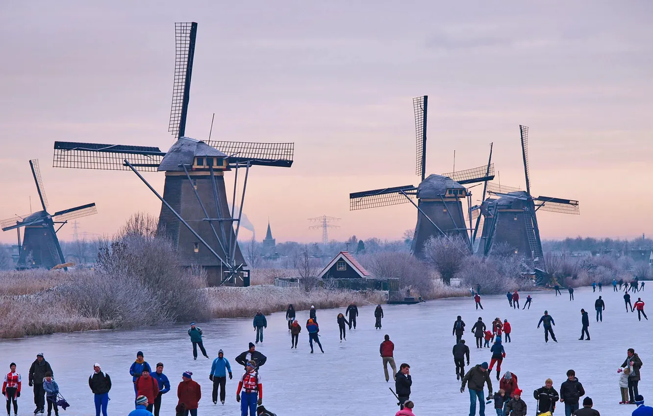 Photo wallpaper ice, channel, rink, Netherlands, windmill, Kinderdijk