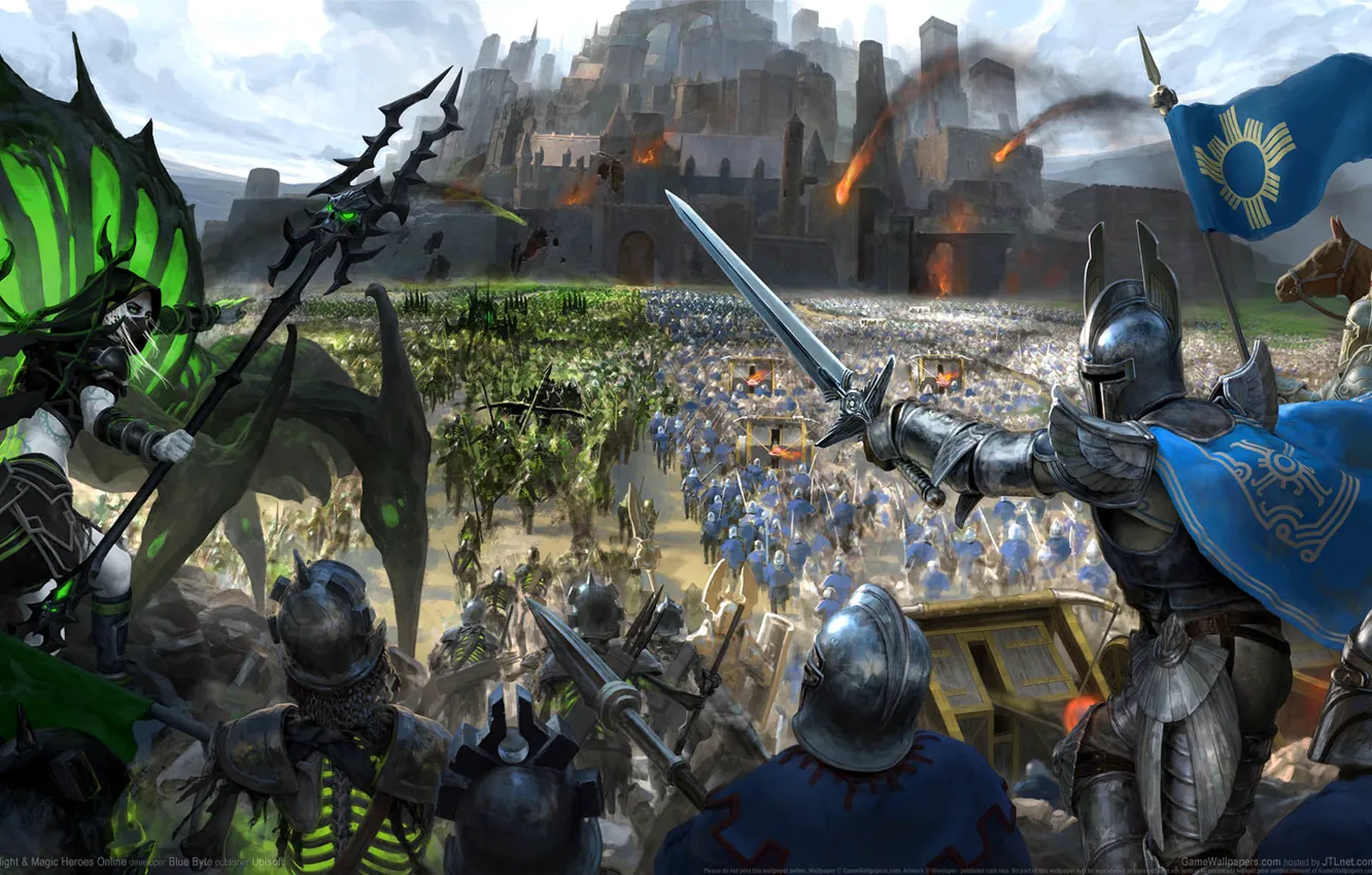 Photo wallpaper castle, fantasy, warriors, troops, game wallpapers, siege, Might &ampamp; Magic Heroes Online, HOMM