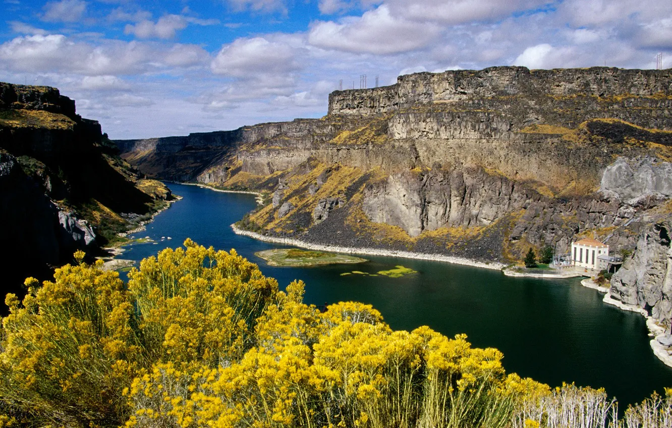Photo wallpaper the sky, clouds, flowers, mountains, lake, river, rocks, building