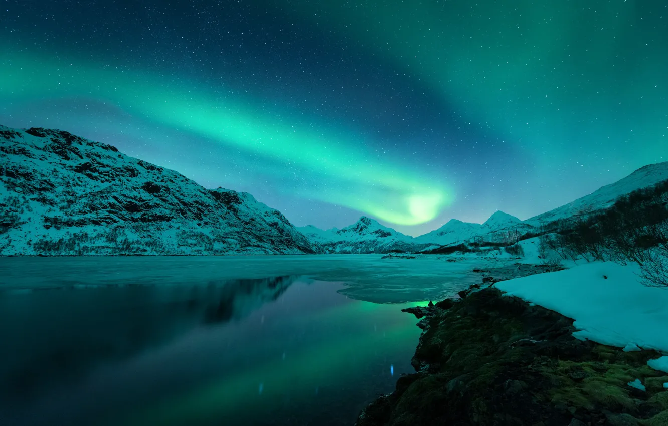 Photo wallpaper winter, mountains, Northern lights, Norway, Lofoten