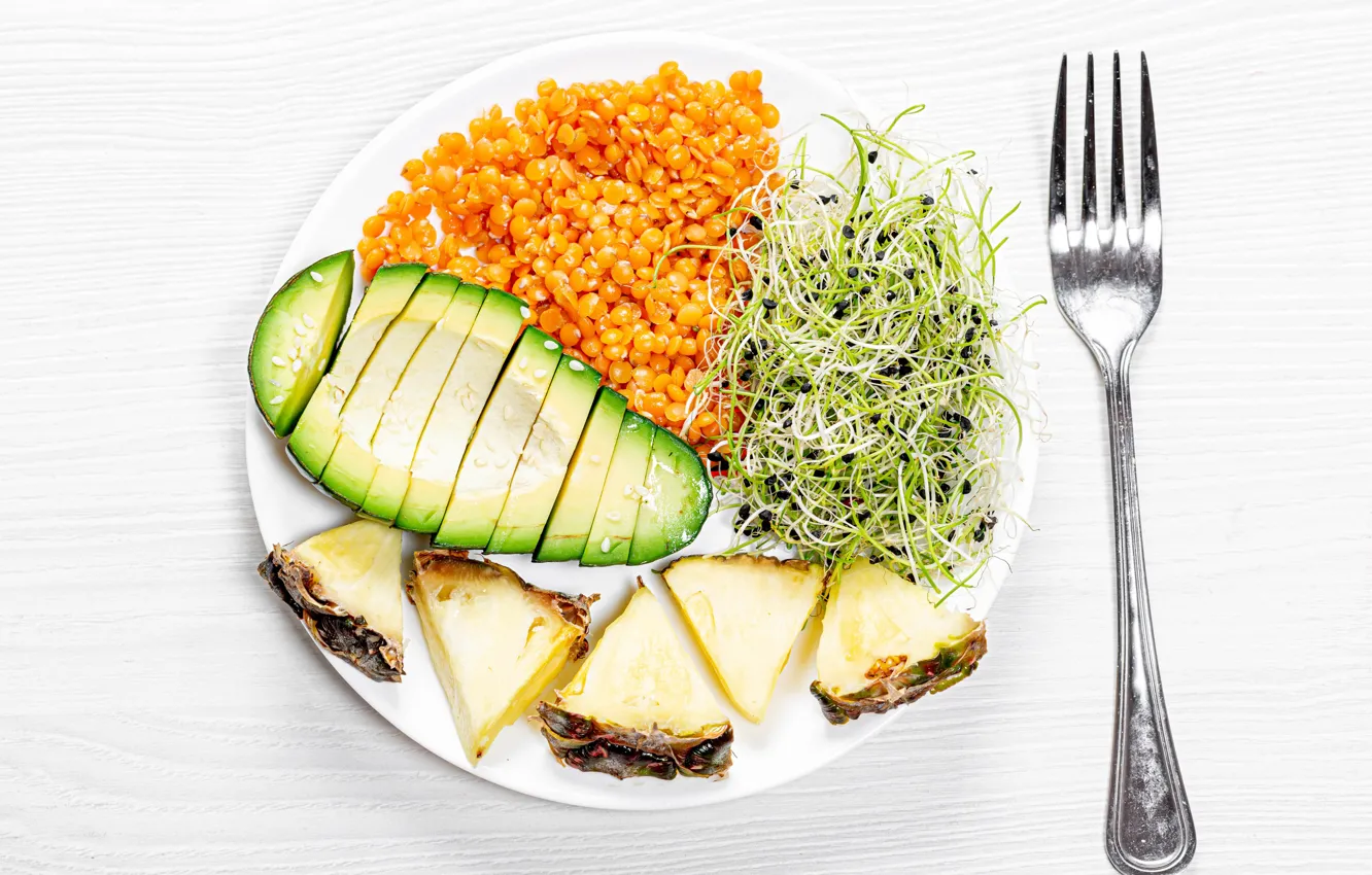 Photo wallpaper photo, food, plate, pineapple, plug, vegetables, cutting, avocado