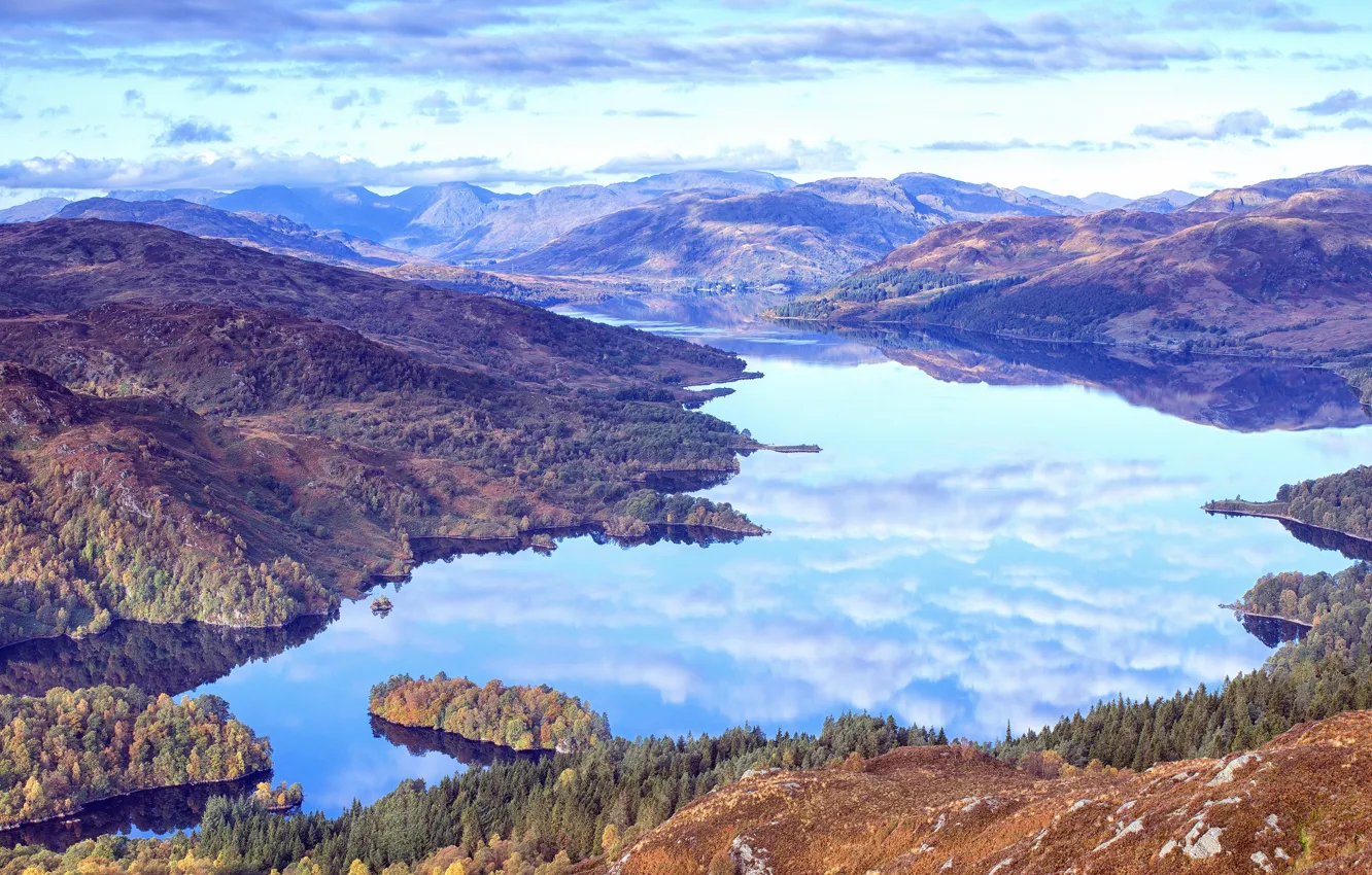Photo wallpaper forest, the sky, clouds, mountains, lake, reflection, hills, shore