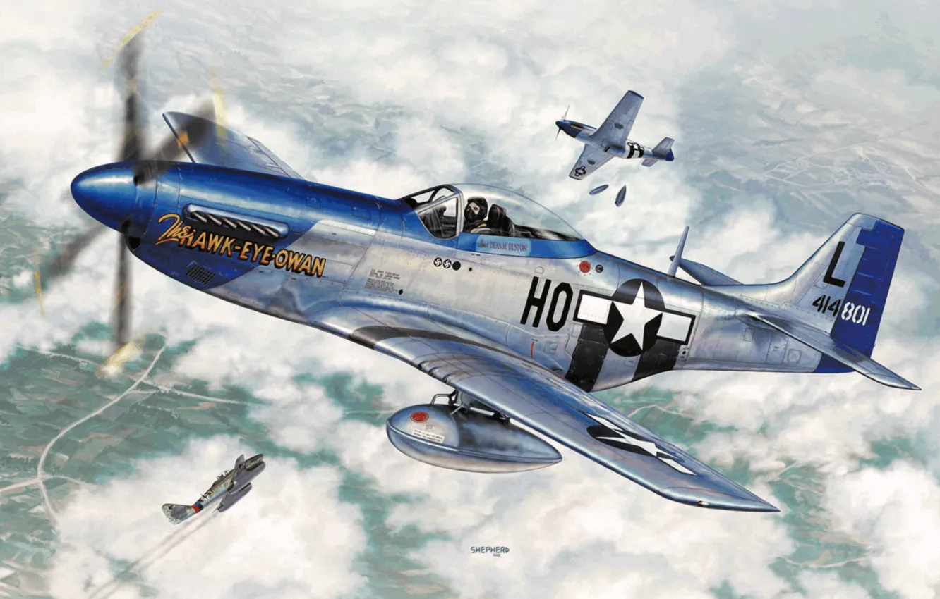 Photo wallpaper war, art, painting, aviation, WW2, P-51 D Mustang, Me-262