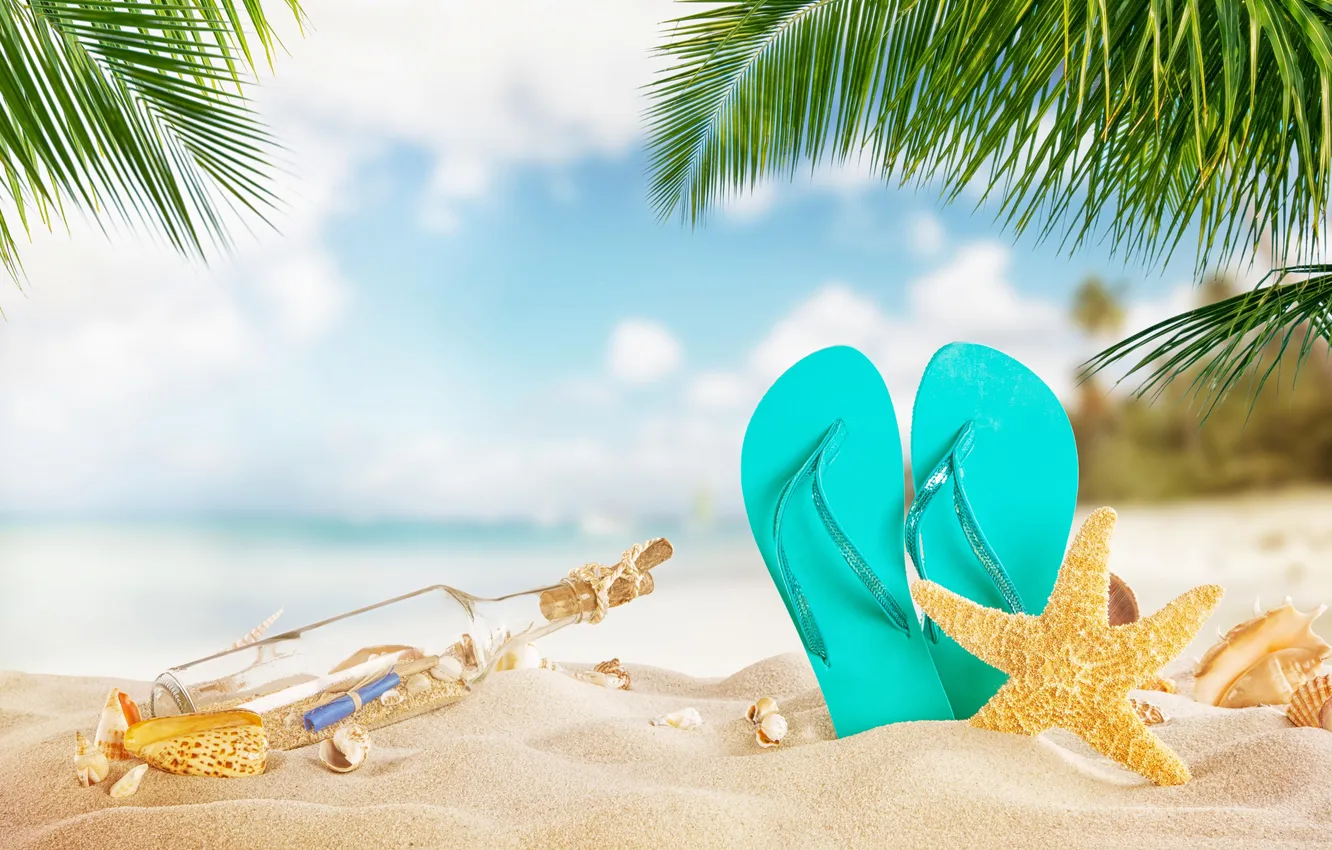 Photo wallpaper sand, sea, wave, beach, summer, the sky, palm trees, shore