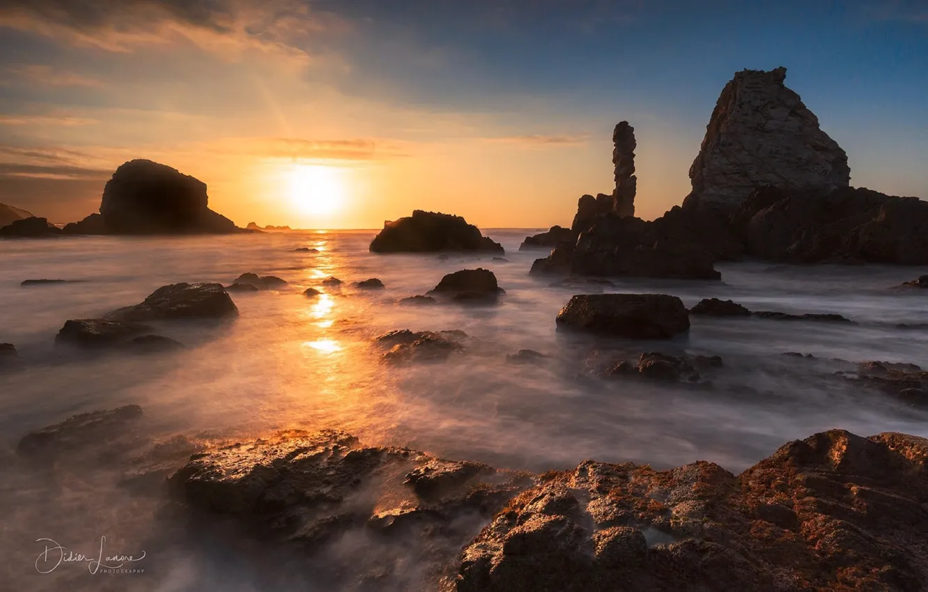 Photo wallpaper sea, sunset, rocks, Beach of Silence, Didier Lanore