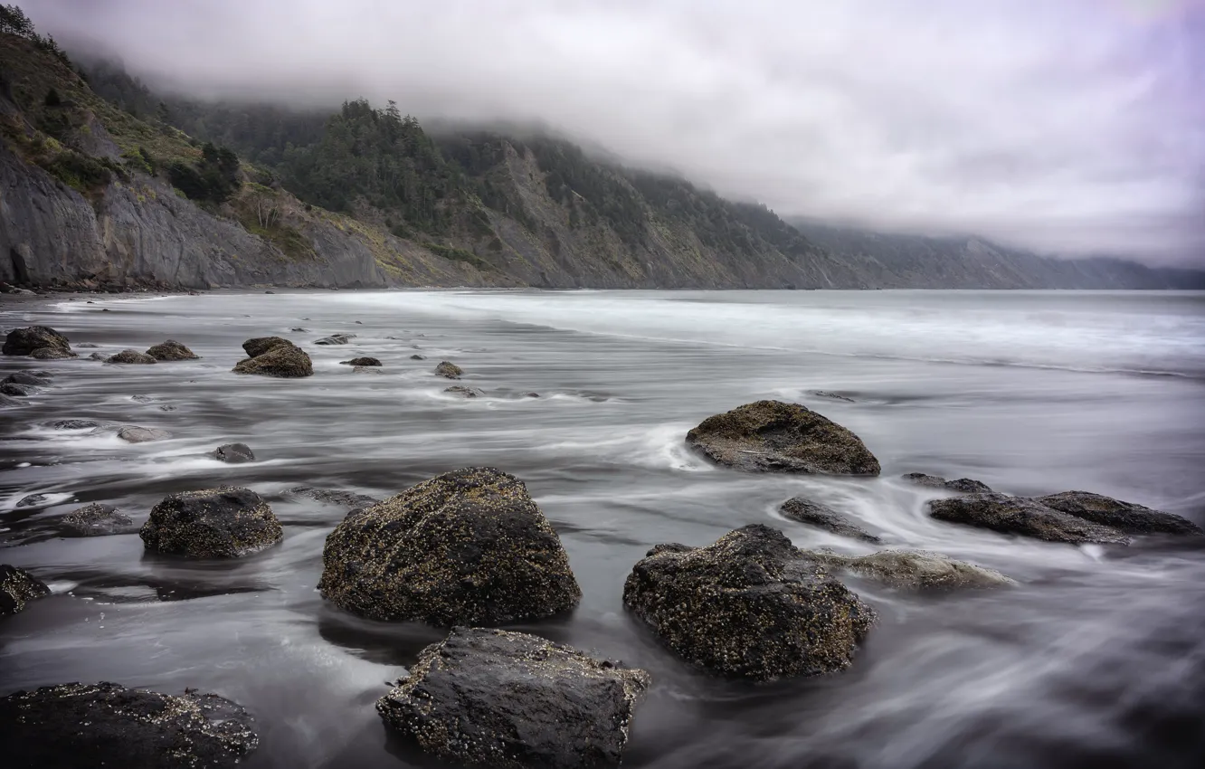 Photo wallpaper beach, water, trees, mountains, clouds, nature, stones, rocks