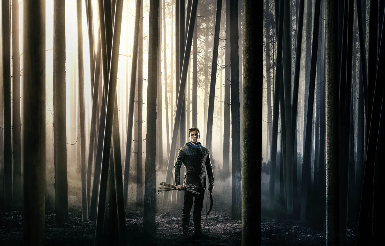 Photo wallpaper forest, trees, fog, bow, arrows, adventure, action, poster