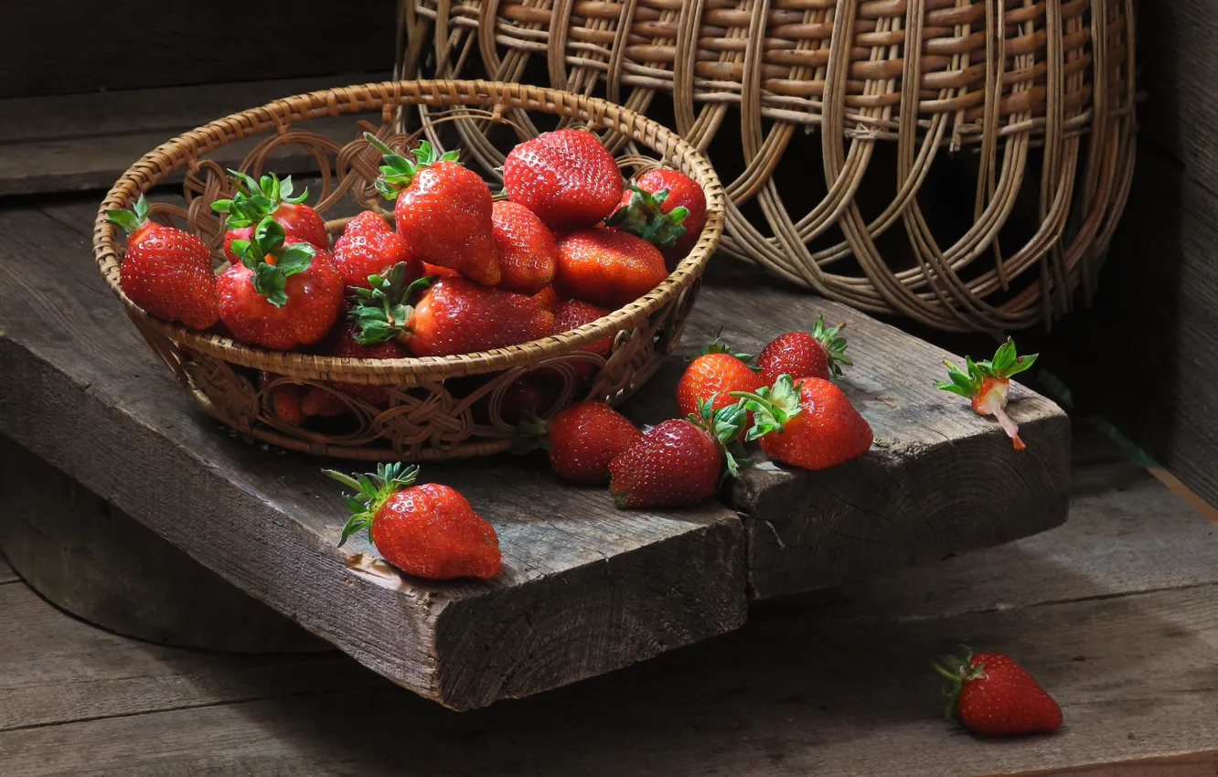 Photo wallpaper berries, Board, strawberry, still life, basket, Sergey Pounder