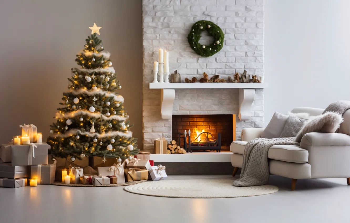 Photo wallpaper decoration, room, balls, tree, new year, home, interior, Christmas