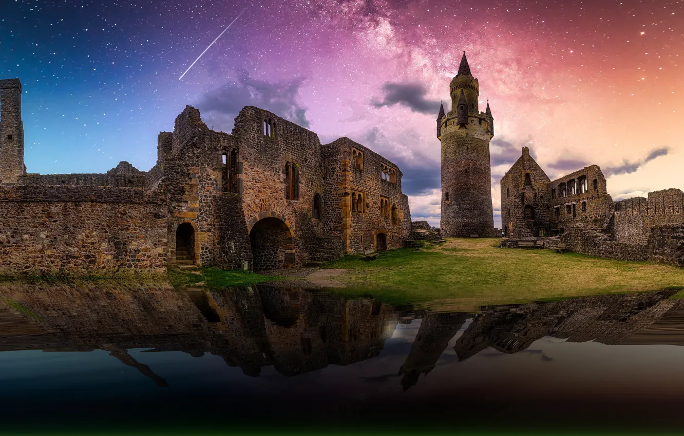 Photo wallpaper water, space, stars, clouds, night, reflection, castle, shore