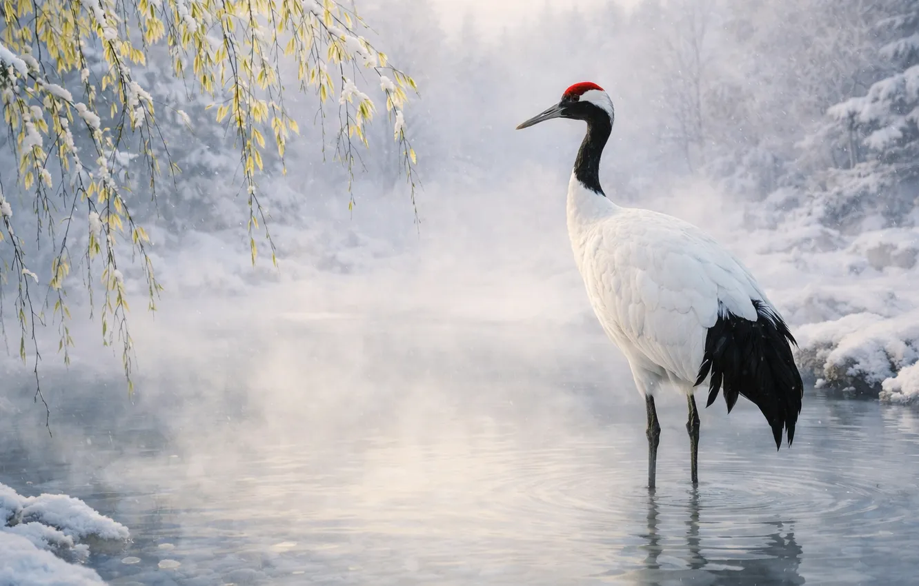 Photo wallpaper snow, art, crane