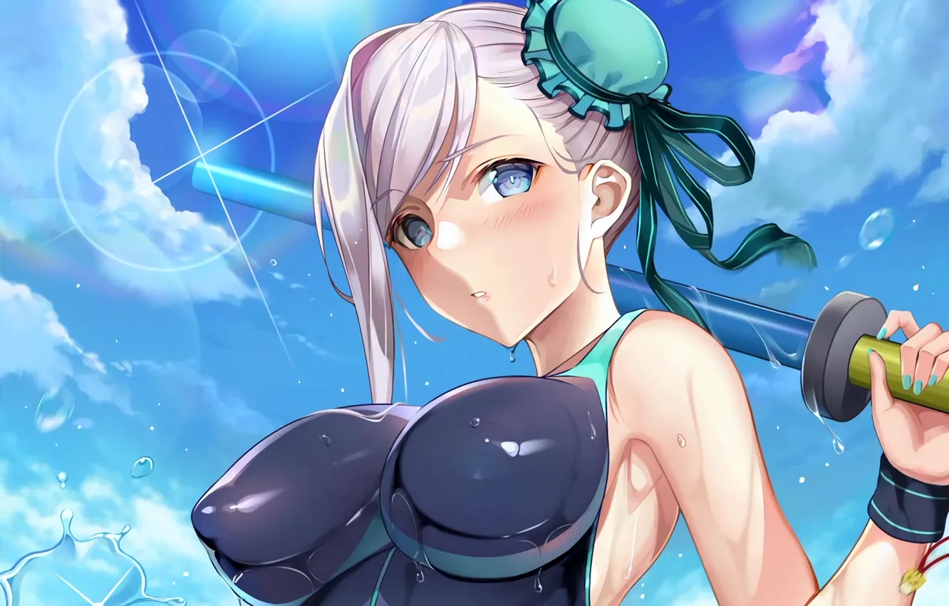 Photo wallpaper girl, sexy, wet, pink hair, boobs, anime, blue eyes, beautiful