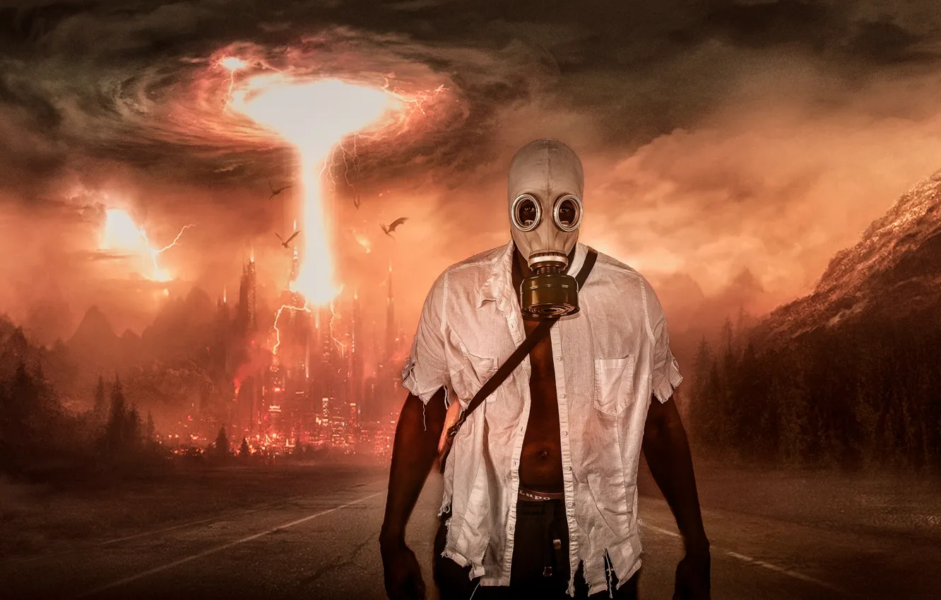 Photo wallpaper road, the explosion, Apocalypse, man, gas mask