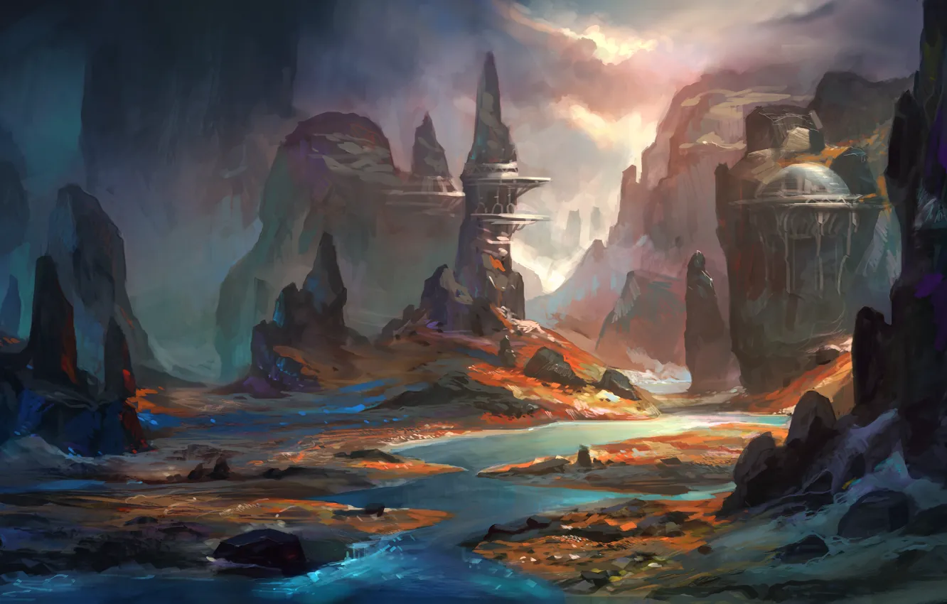 Photo wallpaper river, rocks, twilight, art, structure, painted landscape