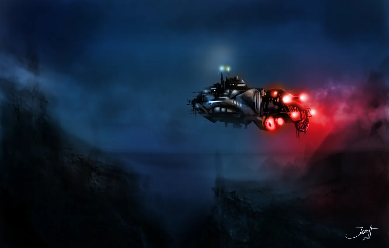 Photo wallpaper flight, lights, rocks, ship, art