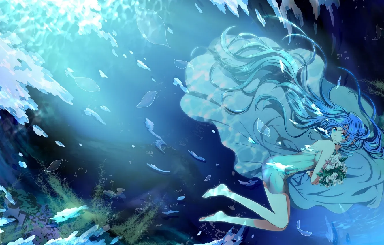 Photo wallpaper girl, flowers, petals, hatsune miku, Vocaloid