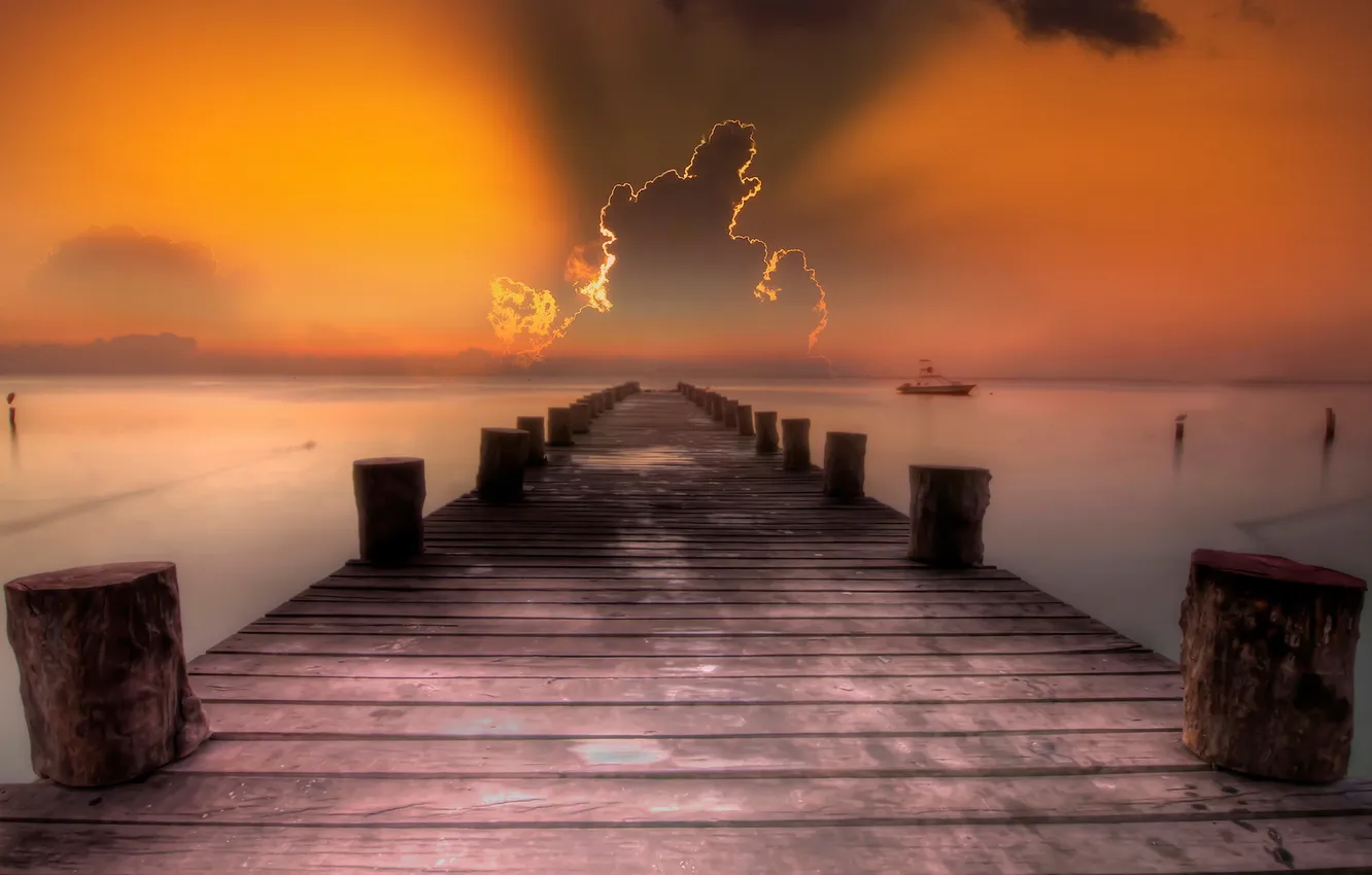 Photo wallpaper sea, landscape, sunset, bridge