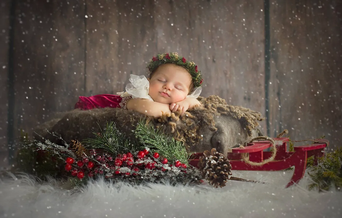 Photo wallpaper snow, branches, berries, sleep, Christmas, girl, sled, wreath