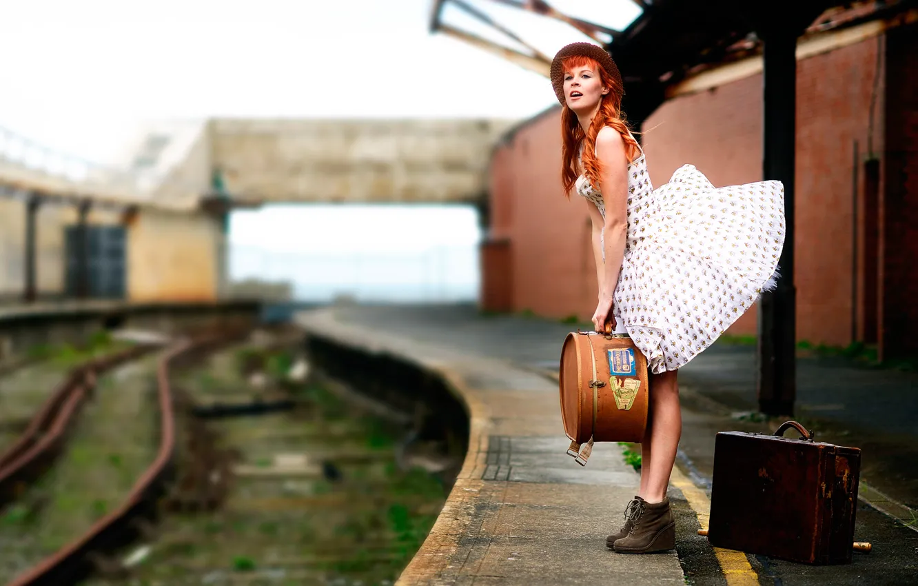 Photo wallpaper girl, the wind, rails, dress, the platform, suitcase