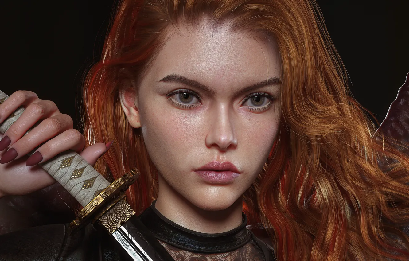 Photo wallpaper graphics, katana, red, girl warrior, The Author Of The Work Is A