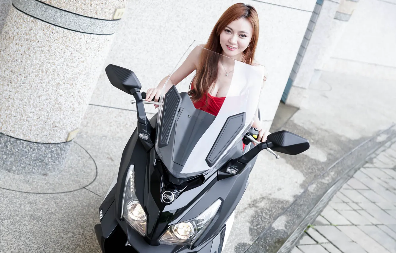 Photo wallpaper look, smile, Girls, Asian, beautiful girl, scooter, SYM CRUiSYM 300i, posing on a scooter