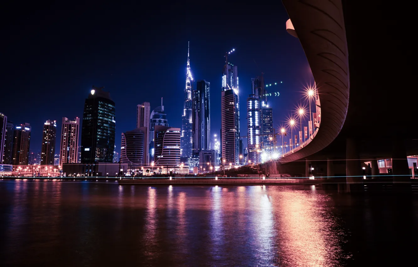 Photo wallpaper water, night, bridge, lights, skyscrapers, Dubai, Dubai, Arab Emirates