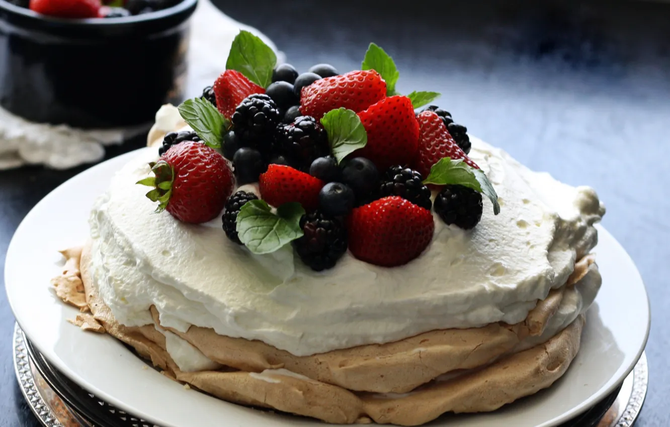 Photo wallpaper berries, food, blueberries, cream, strawberry, pancakes, mint, cream