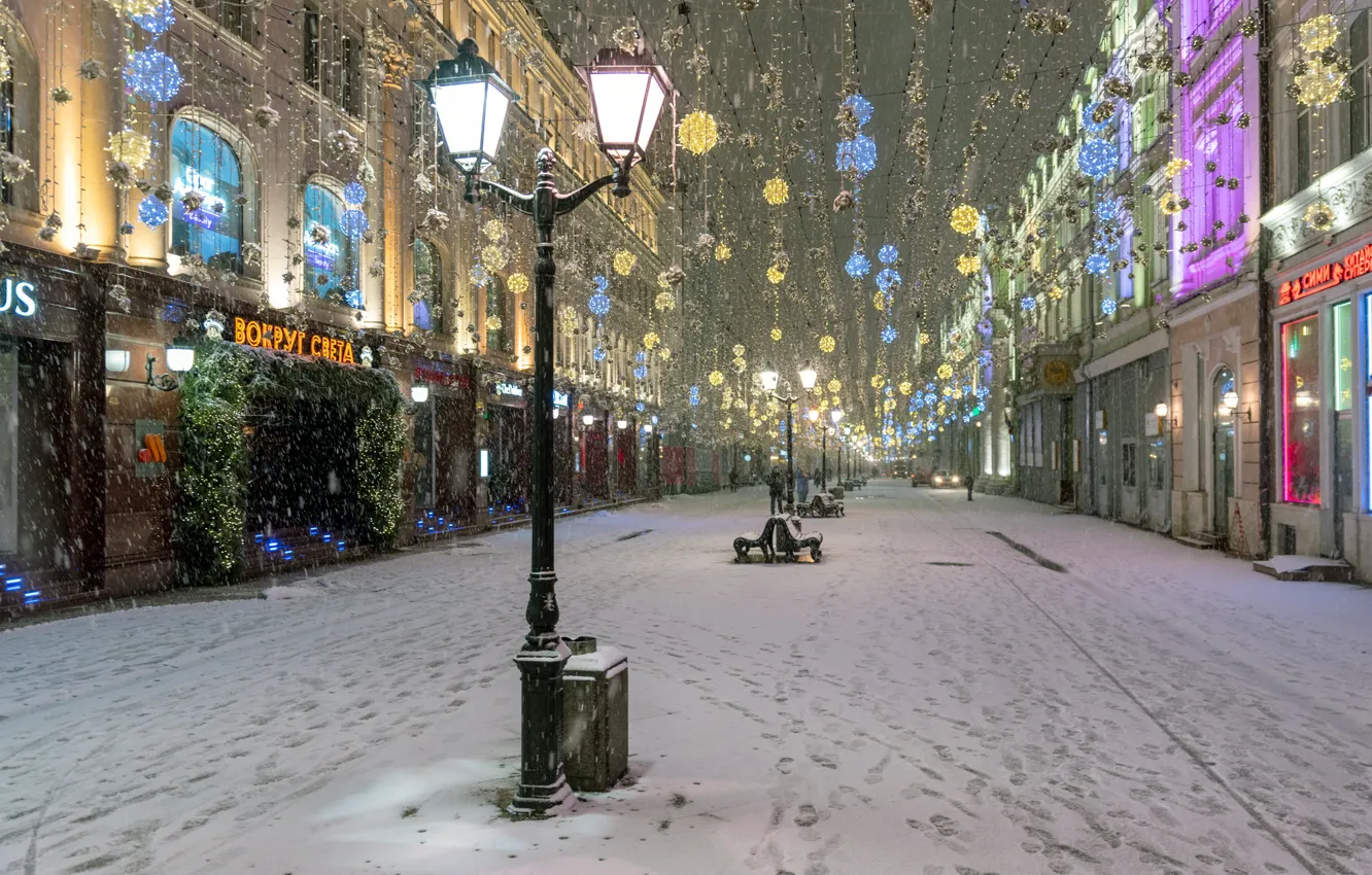 Photo wallpaper winter, snow, street, lights, Eduard Gordeev