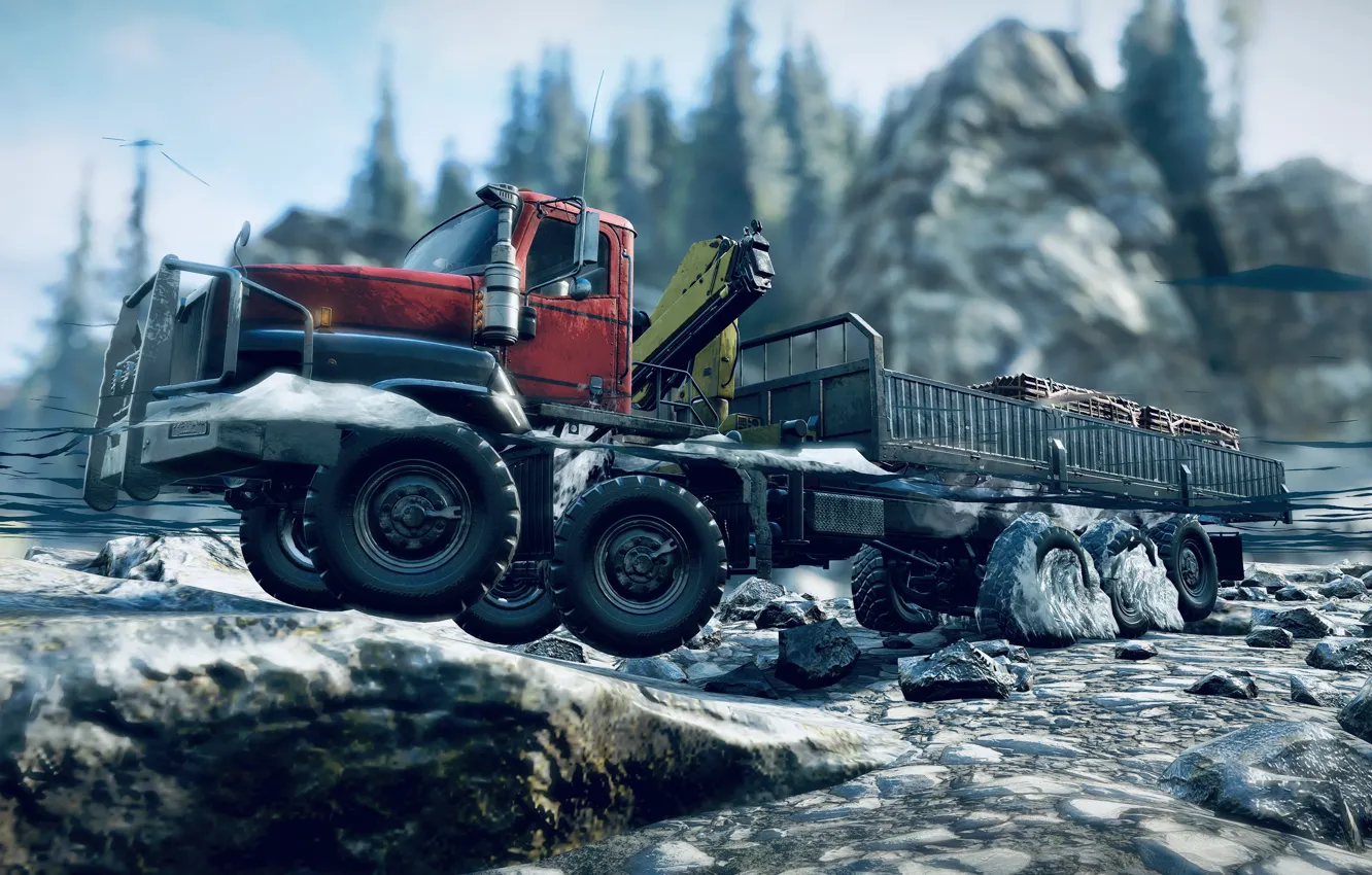 Photo wallpaper HDR, Water, Truck, Game, River, Wisconsin, Rocks, Trees