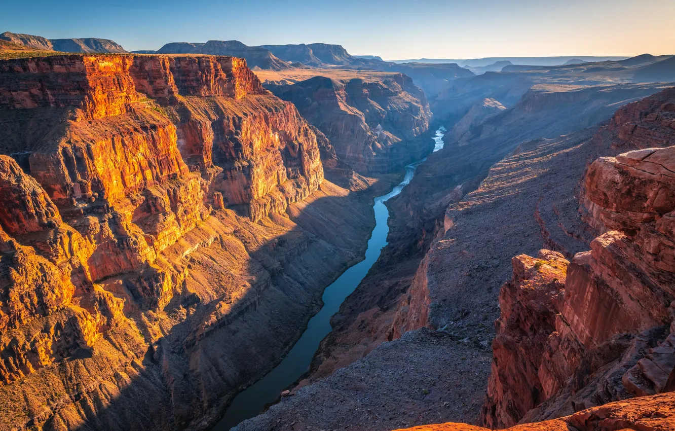Photo wallpaper the sky, clouds, sunset, mountains, river, rocks, height, horizon