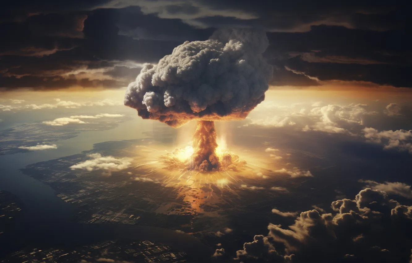 Photo wallpaper the explosion, the city, mushrooms, destruction, a nuclear explosion, digital art, nuclear weapons, AI art