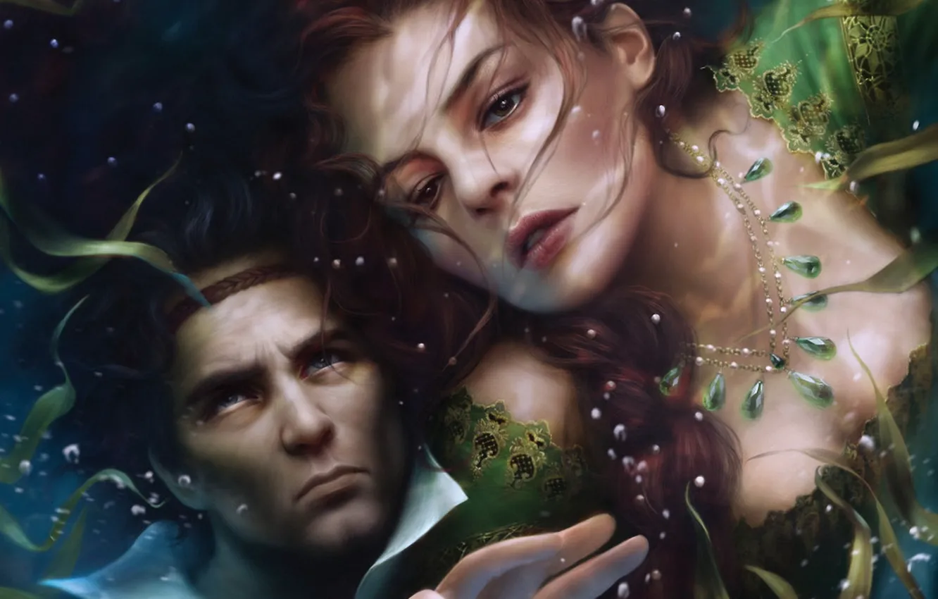 Photo wallpaper water, girl, bubbles, male, necklace, illustration to the book, Robert Jordan, Robert Jordan