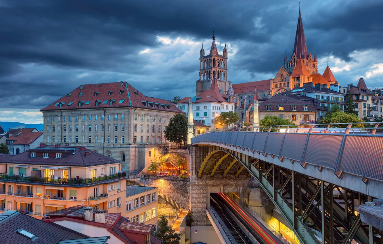 Photo wallpaper bridge, building, home, Switzerland, Cathedral, Switzerland, Lausanne, Lausanne