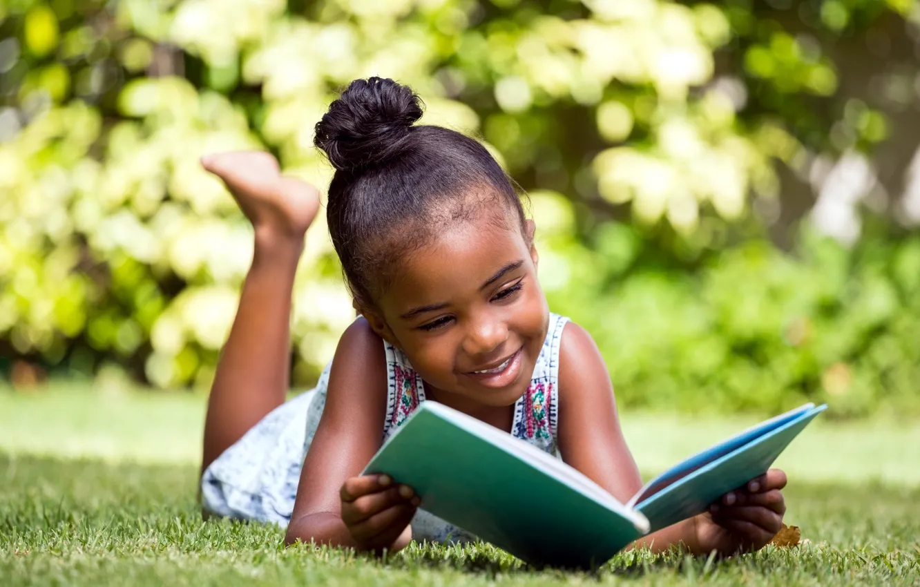 Photo wallpaper girl, book, lawn