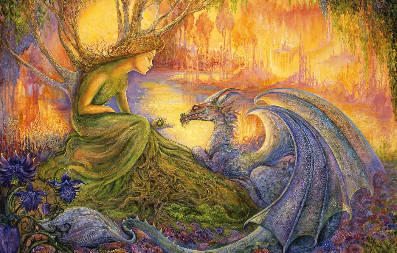 Photo wallpaper trees, flowers, stream, picture, painting, Josephine Wall, fairy forest, the druids