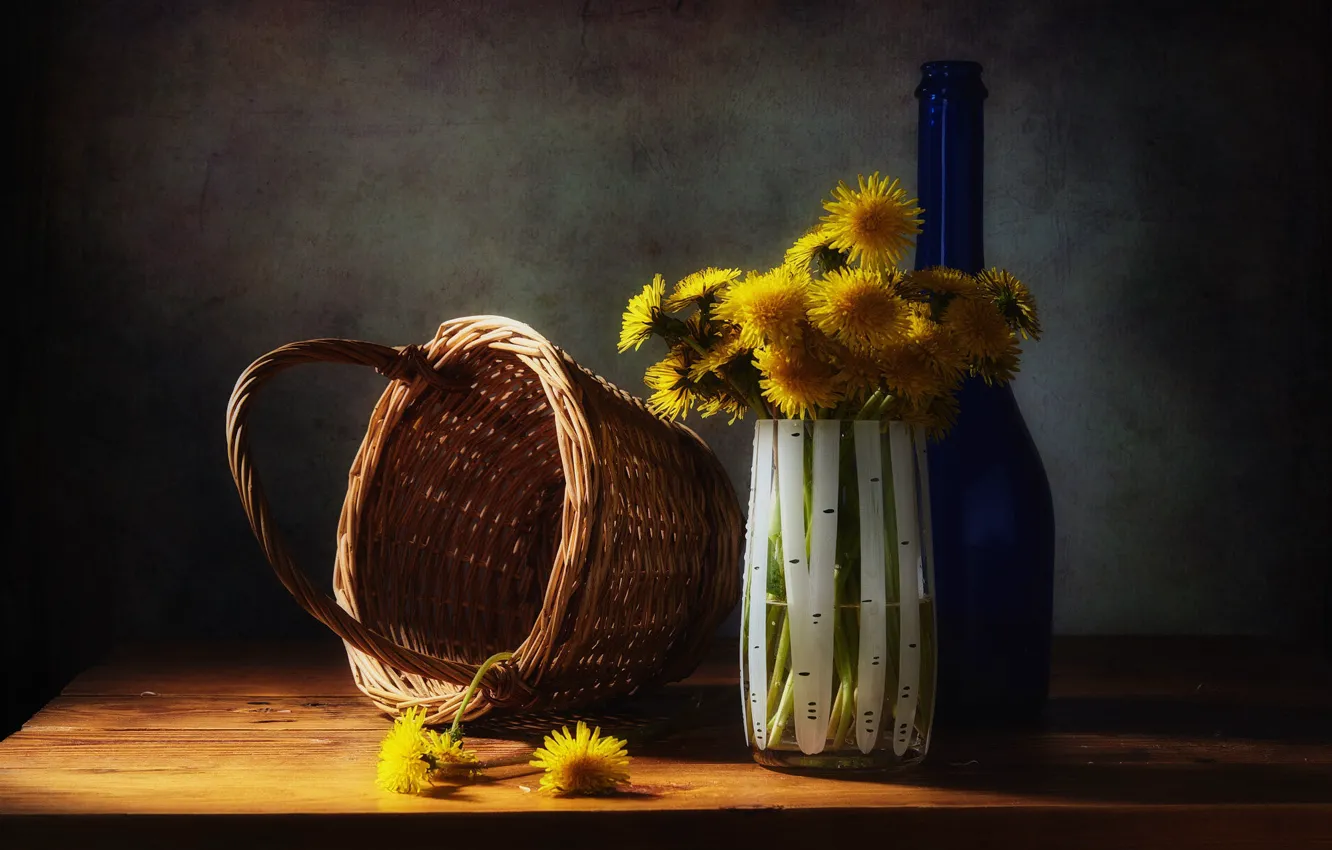 Photo wallpaper light, flowers, blue, yellow, style, the dark background, table, dandelion