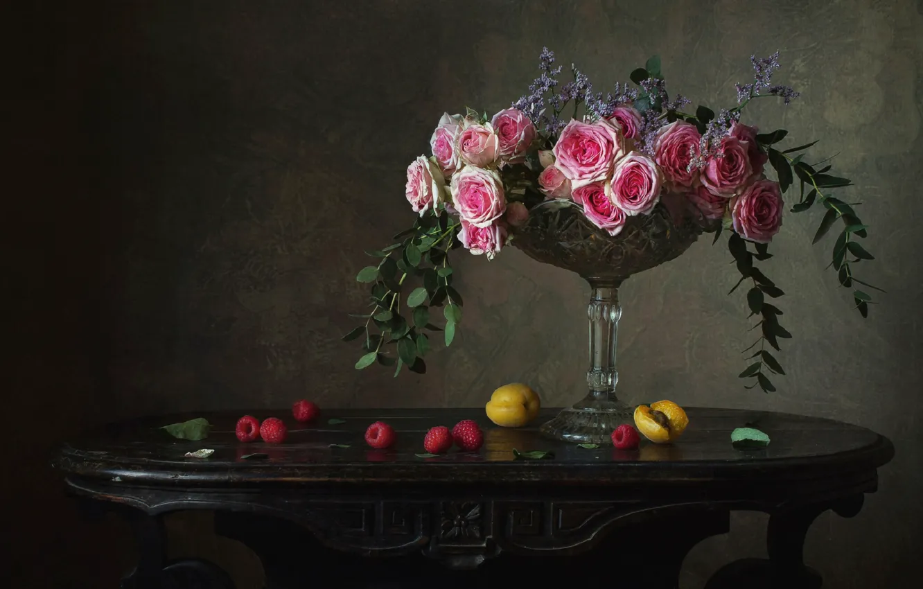 Photo wallpaper flowers, raspberry, rose, still life, apricot