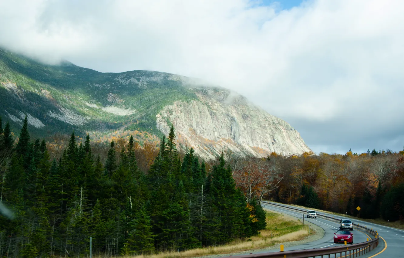 Photo wallpaper road, autumn, forest, clouds, mountains, nature, fog, forest