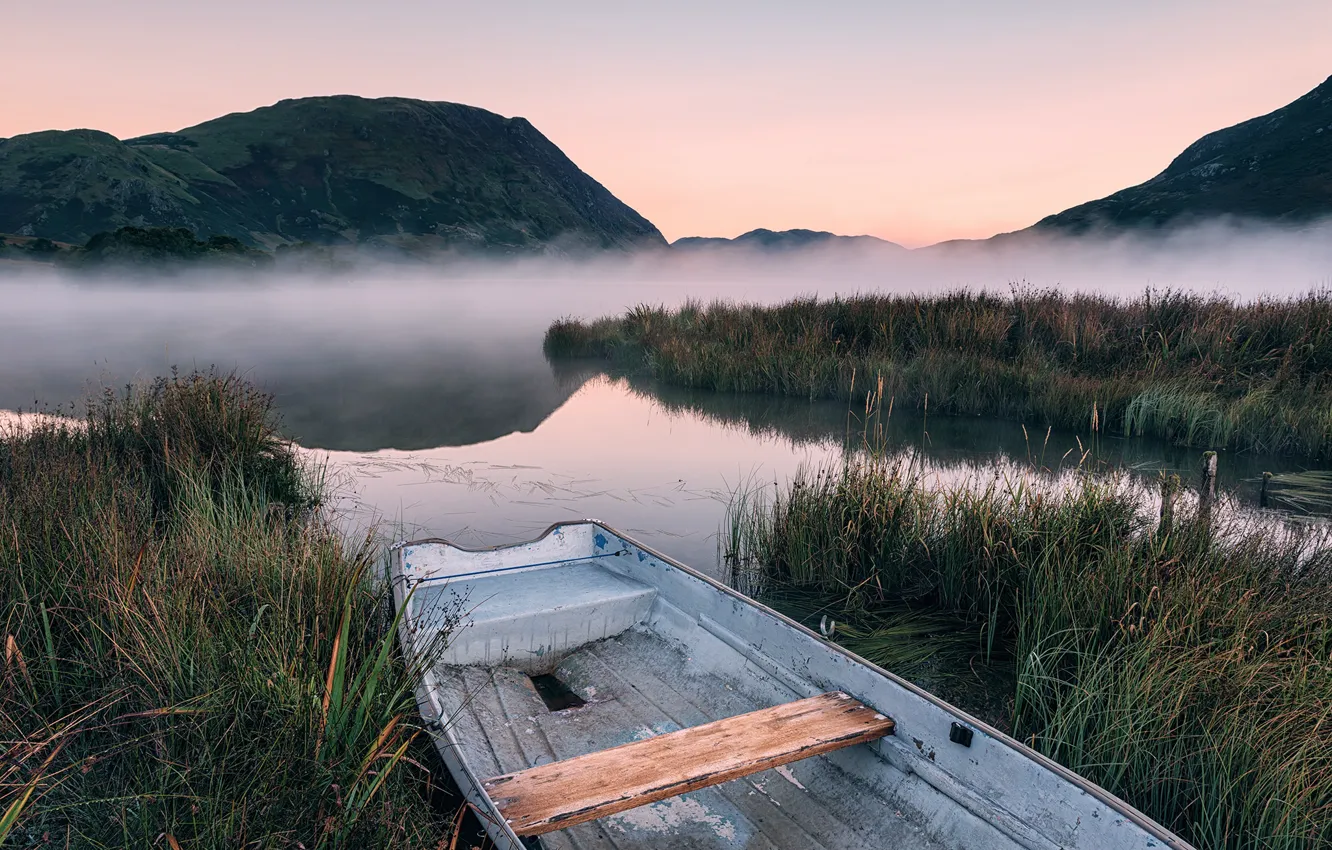 Photo wallpaper fog, lake, boat