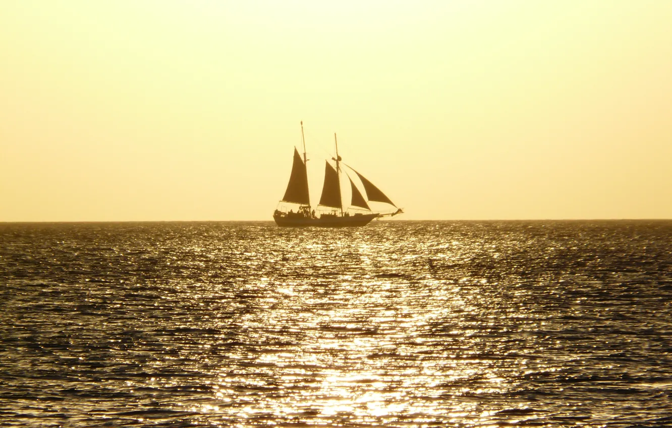 Photo wallpaper sea, the sun, the way, ship, sails, yellow