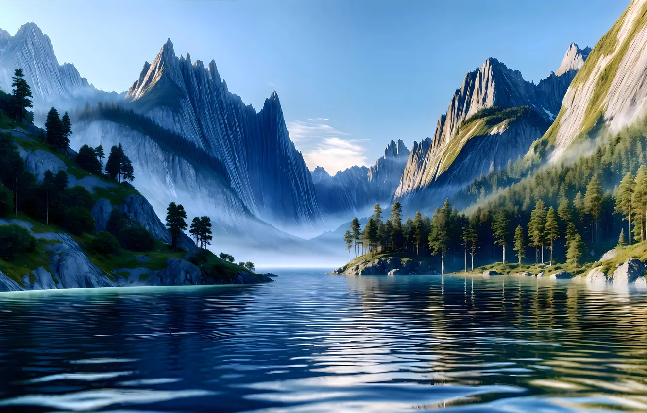 Photo wallpaper trees, landscape, mountains, river, digital art, AI art, The Art of Artificial Intelligence, neural network