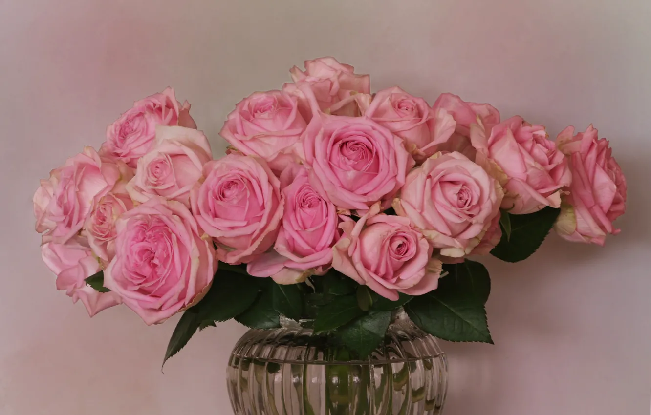 Photo wallpaper flowers, roses, vase, pink