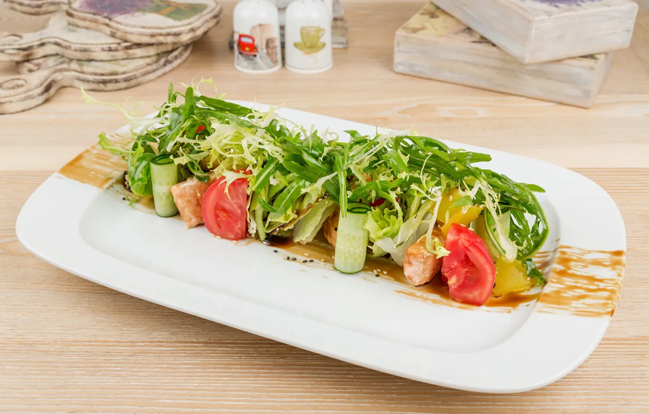 Photo wallpaper meat, vegetables, tomatoes, cucumbers, salad, arugula