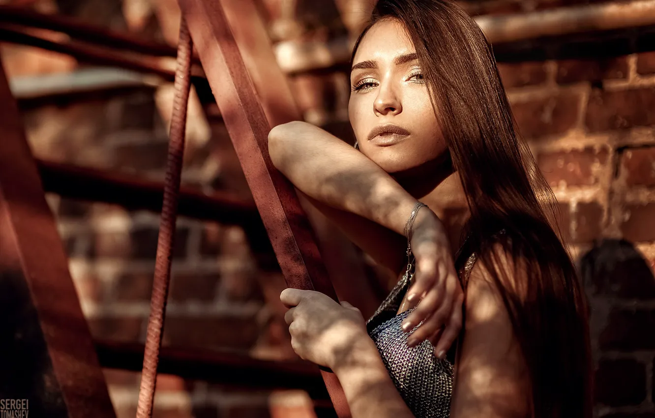 Photo wallpaper look, pose, wall, model, portrait, brick, makeup, dress