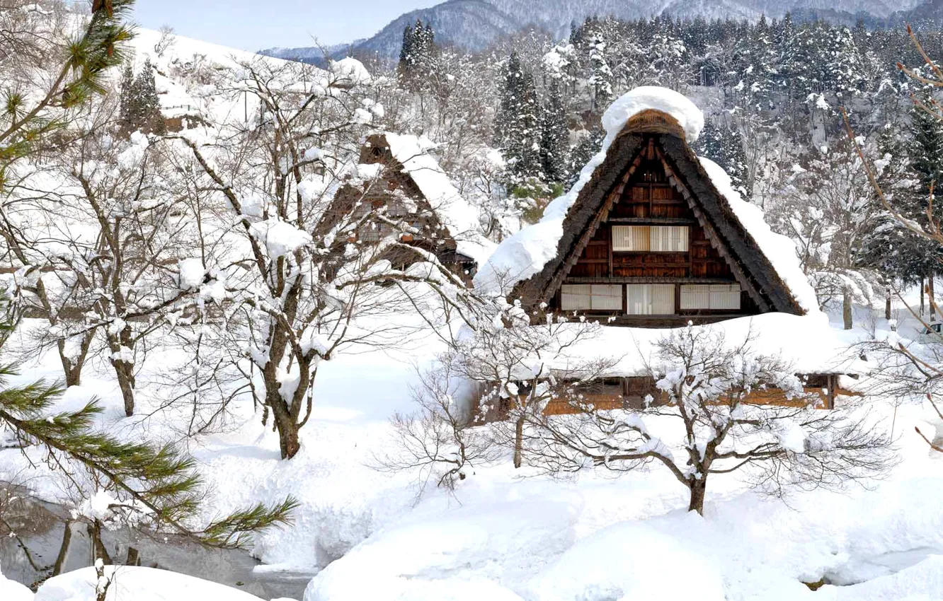 Photo wallpaper winter, snow, house, Japan, the island of Honshu, Gokayama, Shirakawa-go